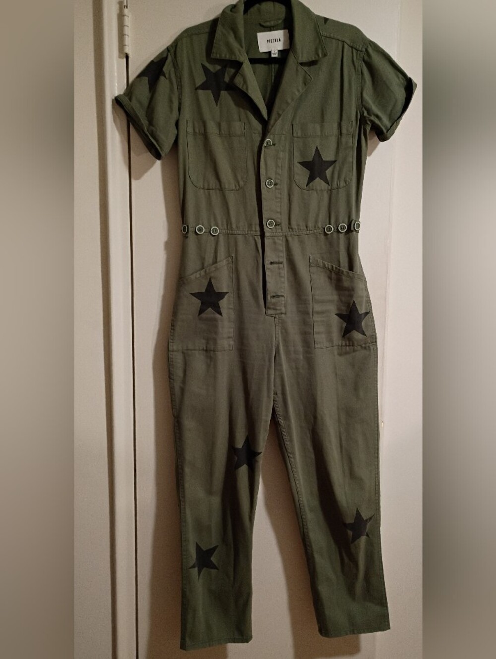 PISTOLA Star-Print Olive Green Utility Jumpsuit Like New - Picture 1 of 7